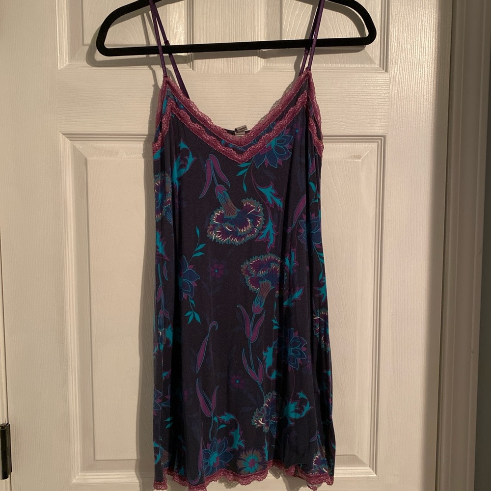 Floral Lace Trim Nightgown - Purple and Blue